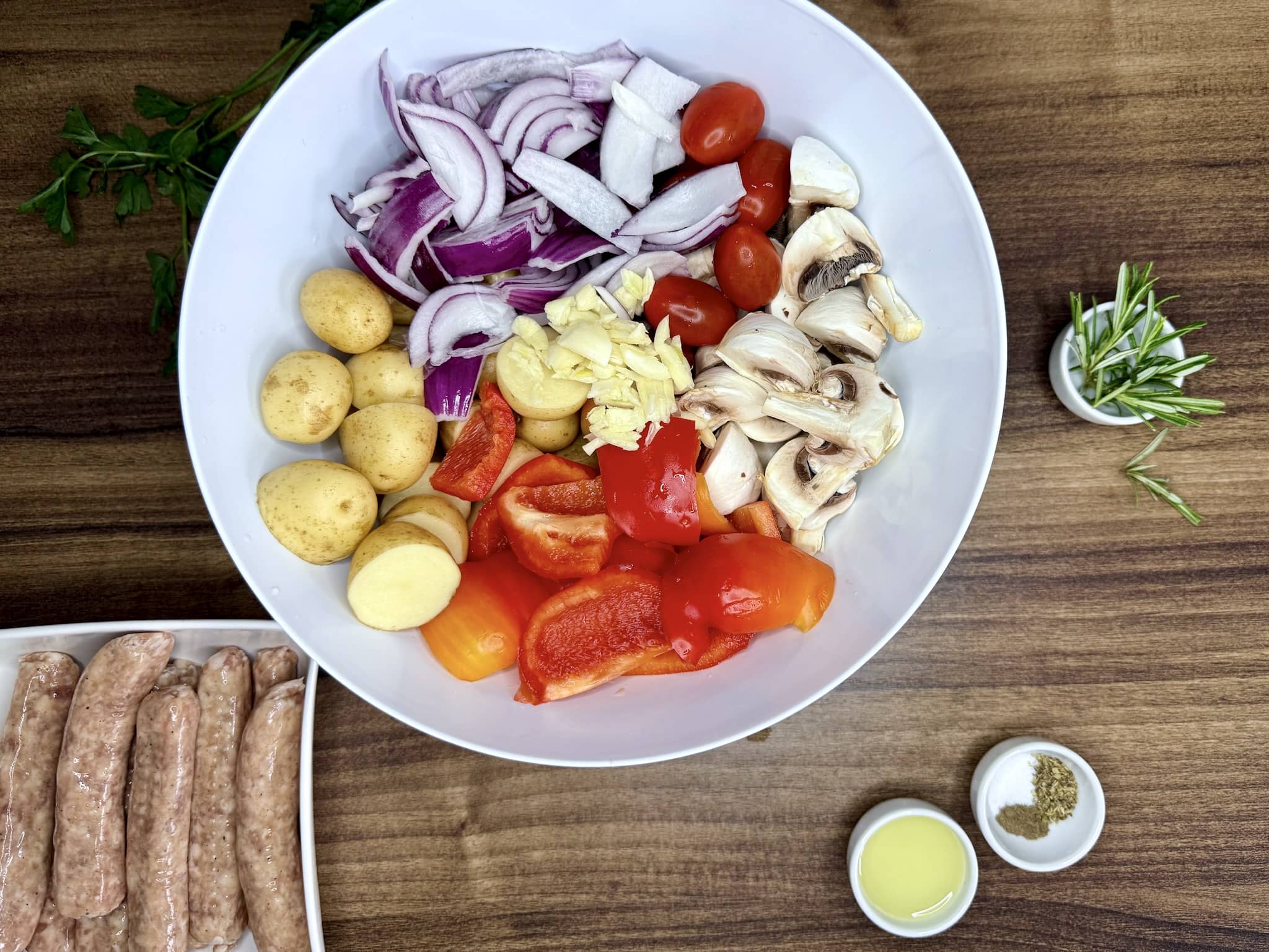 All vegetables prepped in a mixing bowl