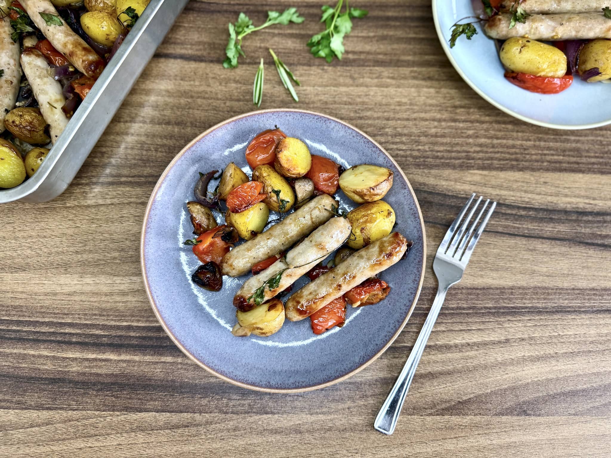A plated portion of Roasted Sausage & Veg