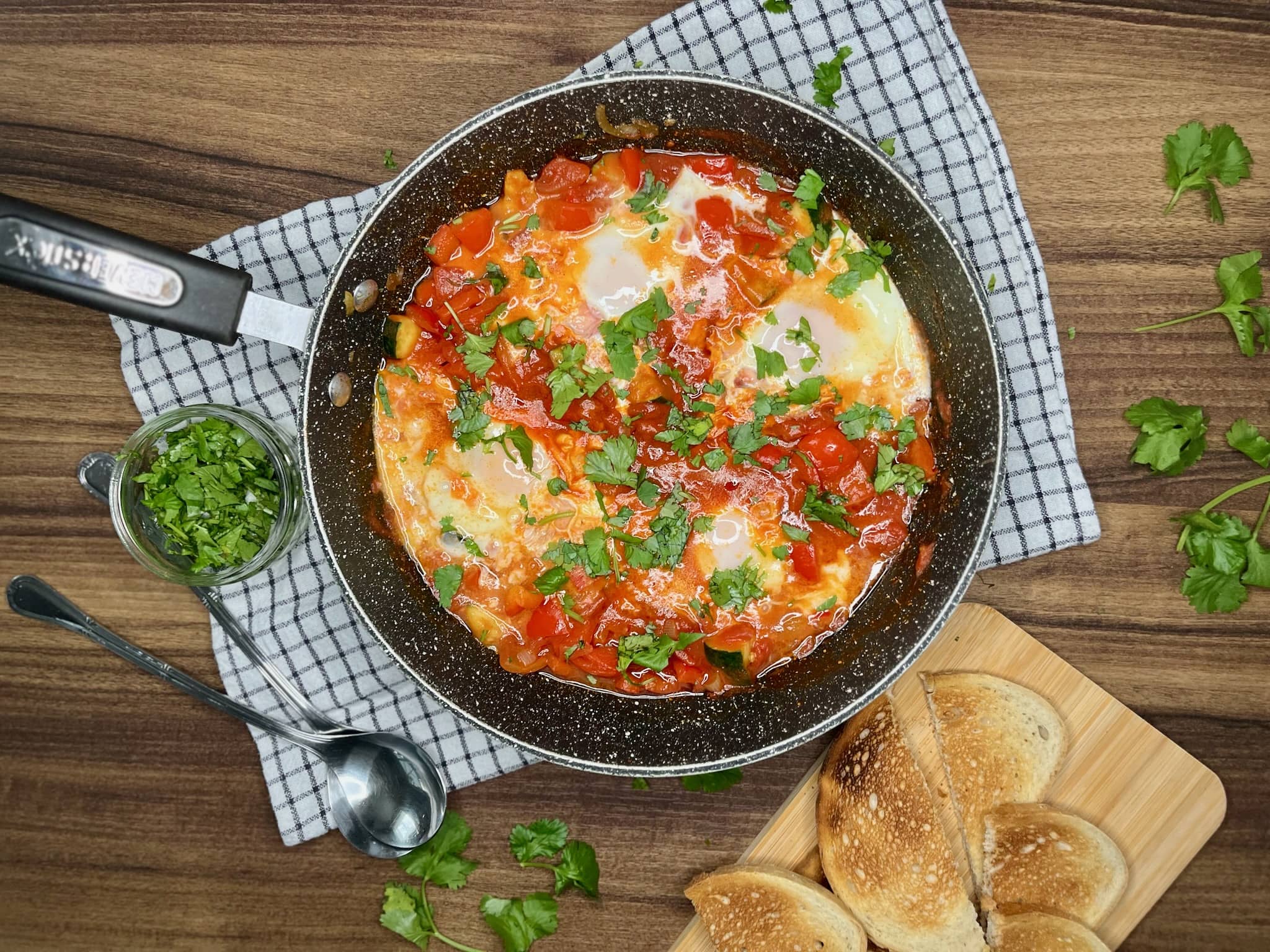 Shakshouka is ready to serve, still in the pan