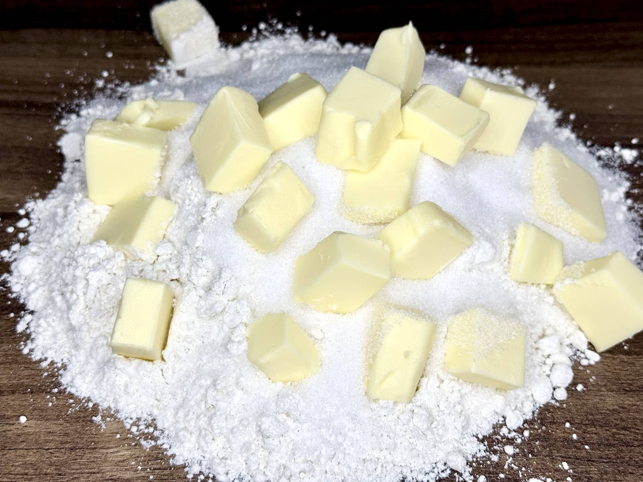 All ingredients on table top ready for kneading