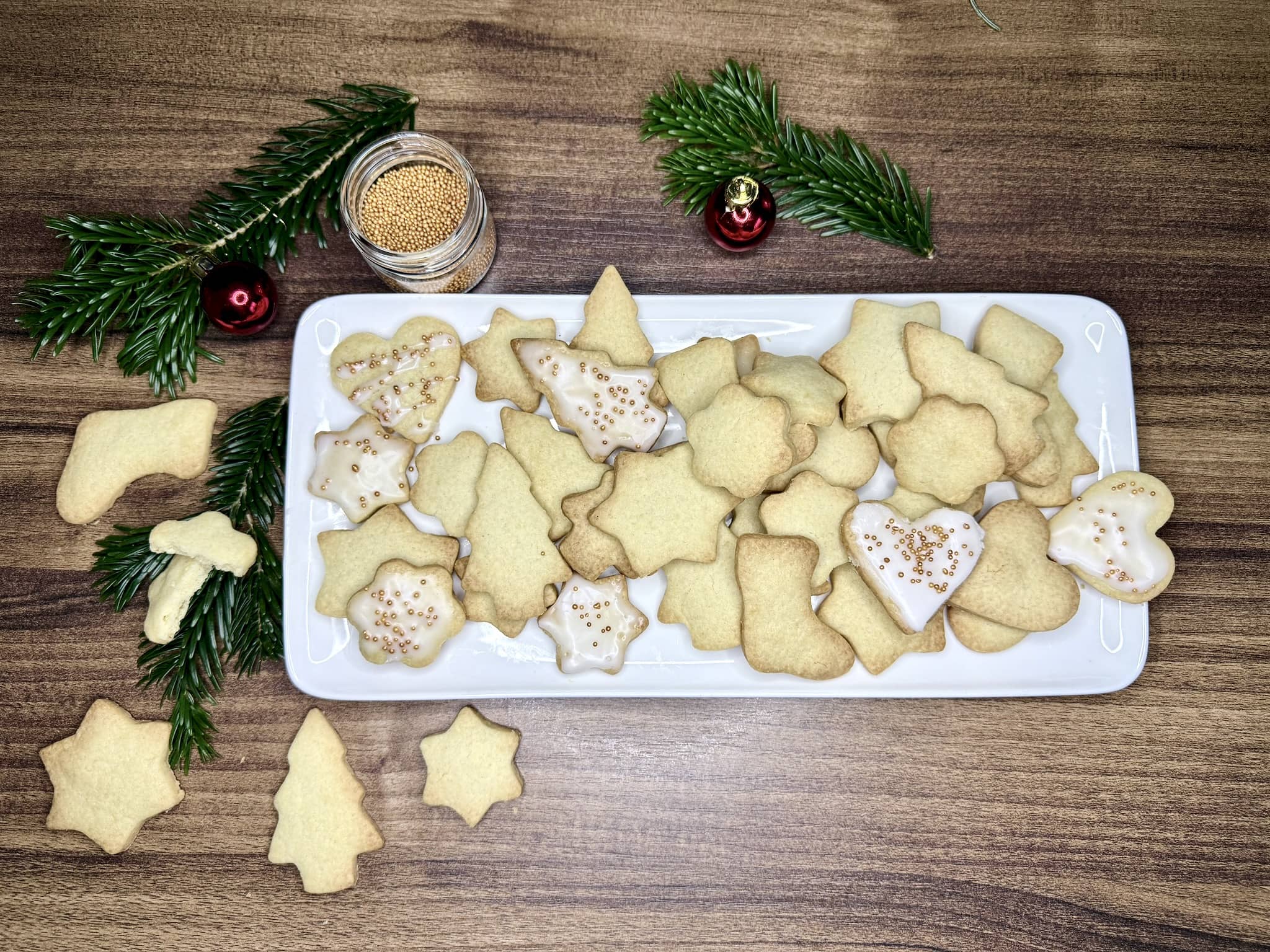 Shortbread Christmas Biscuits decorated on a serving plate