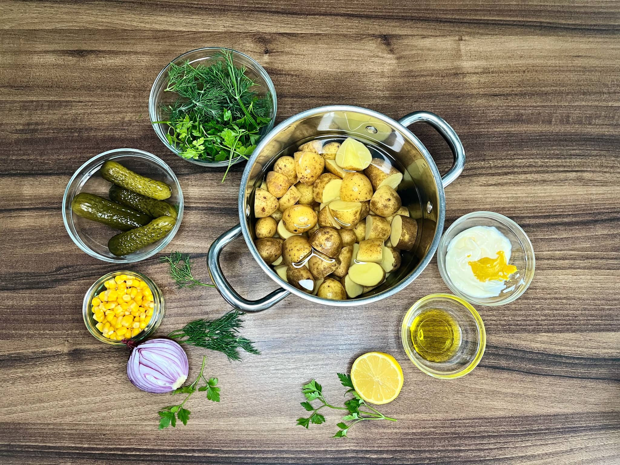 Ingredients laid out on the table, ready to make Simple Baby Potato Salad