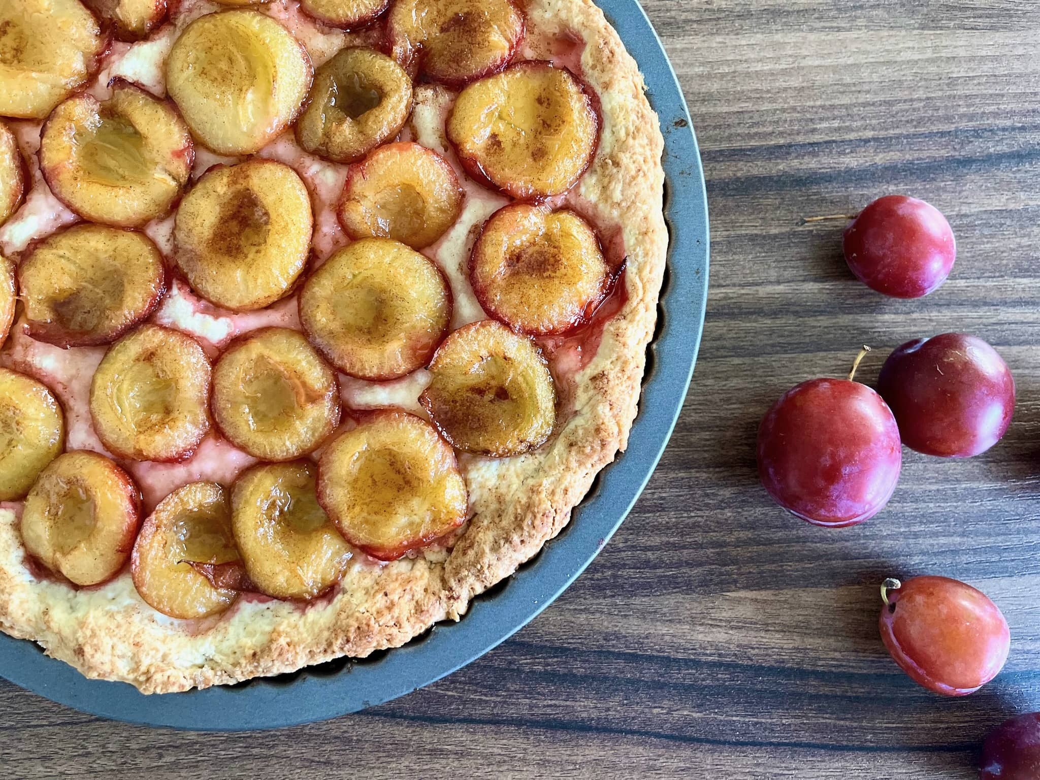 Freshly baked plum tart in a tin and fresh plums on a side