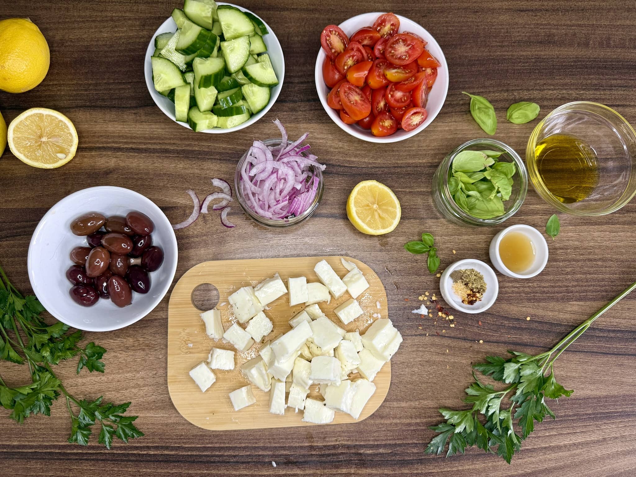 All ingredients prepped, ready to make a Summer Halloumi Salad