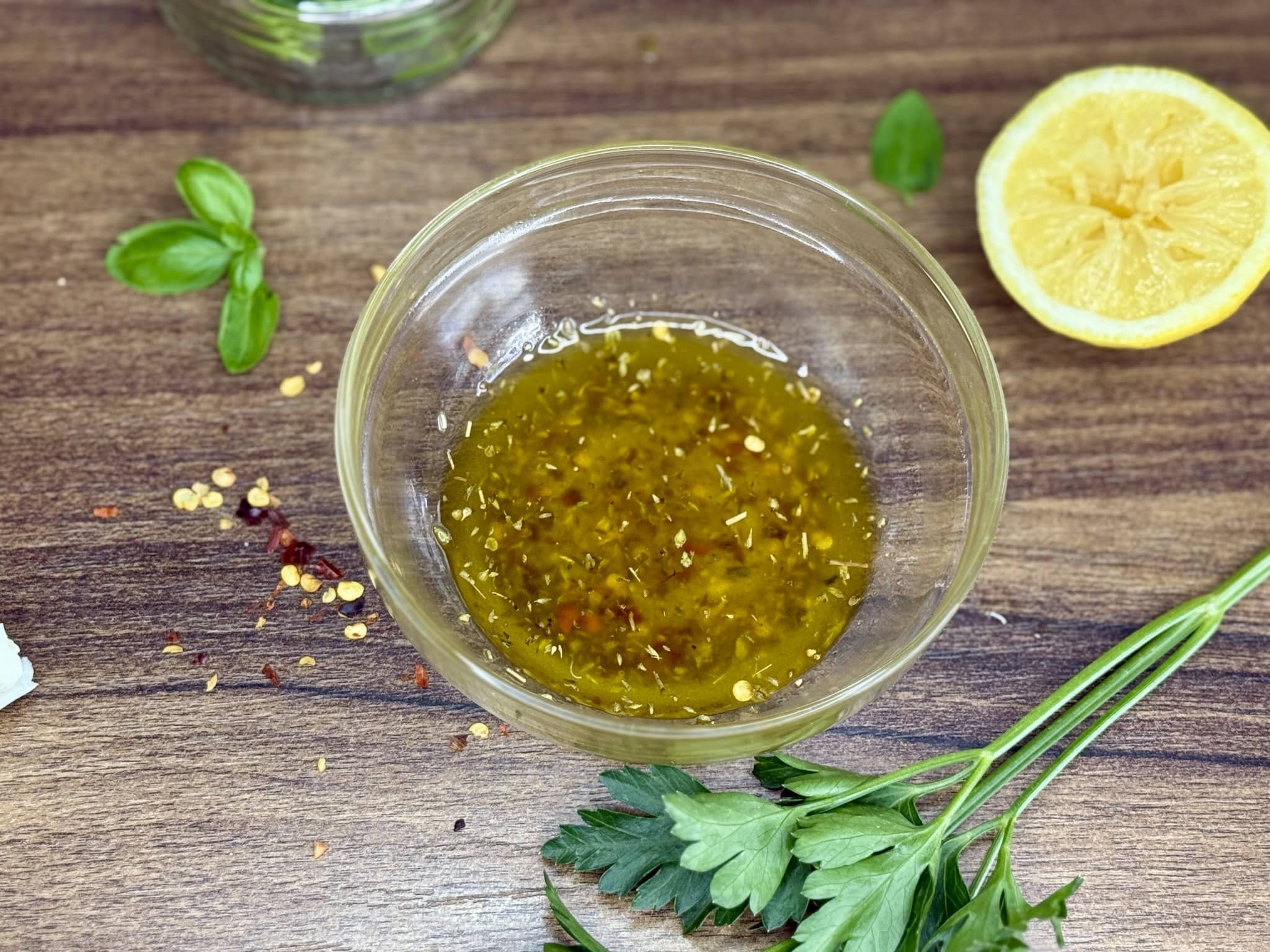 Salad dressing assembled in a small bowl