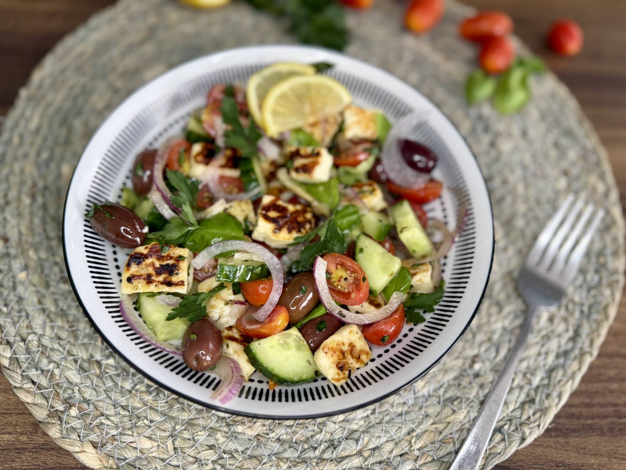 Ready Summer Halloumi Salad in a serving bowl