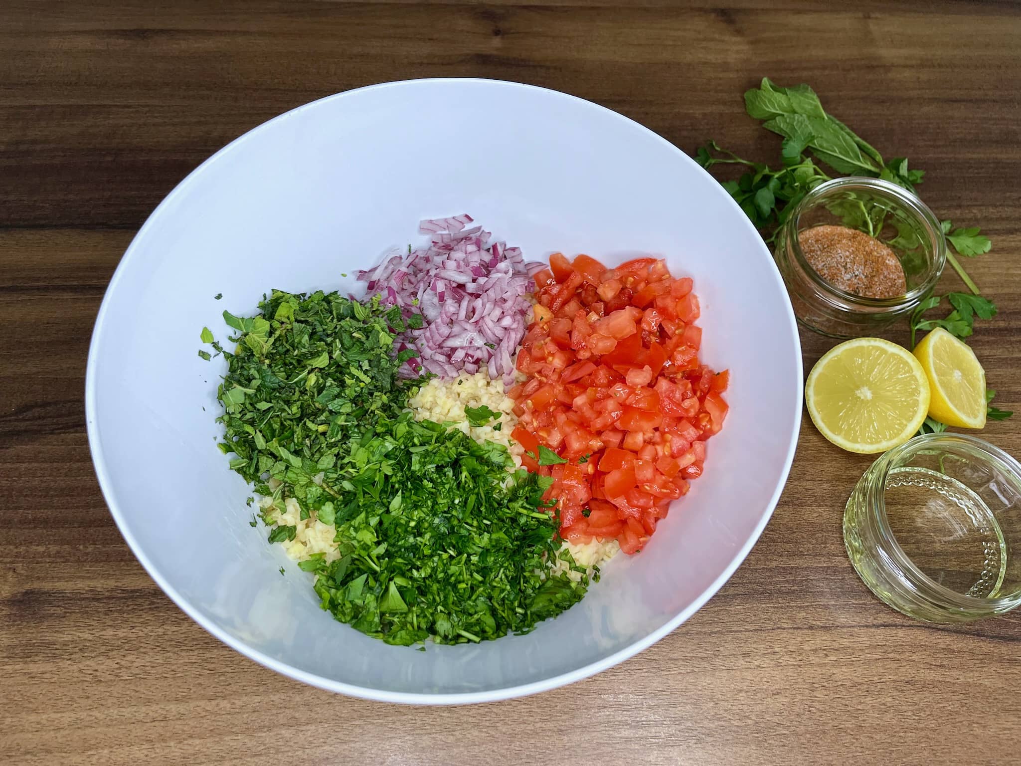 Chopped ingredients ready to make Tabbouleh