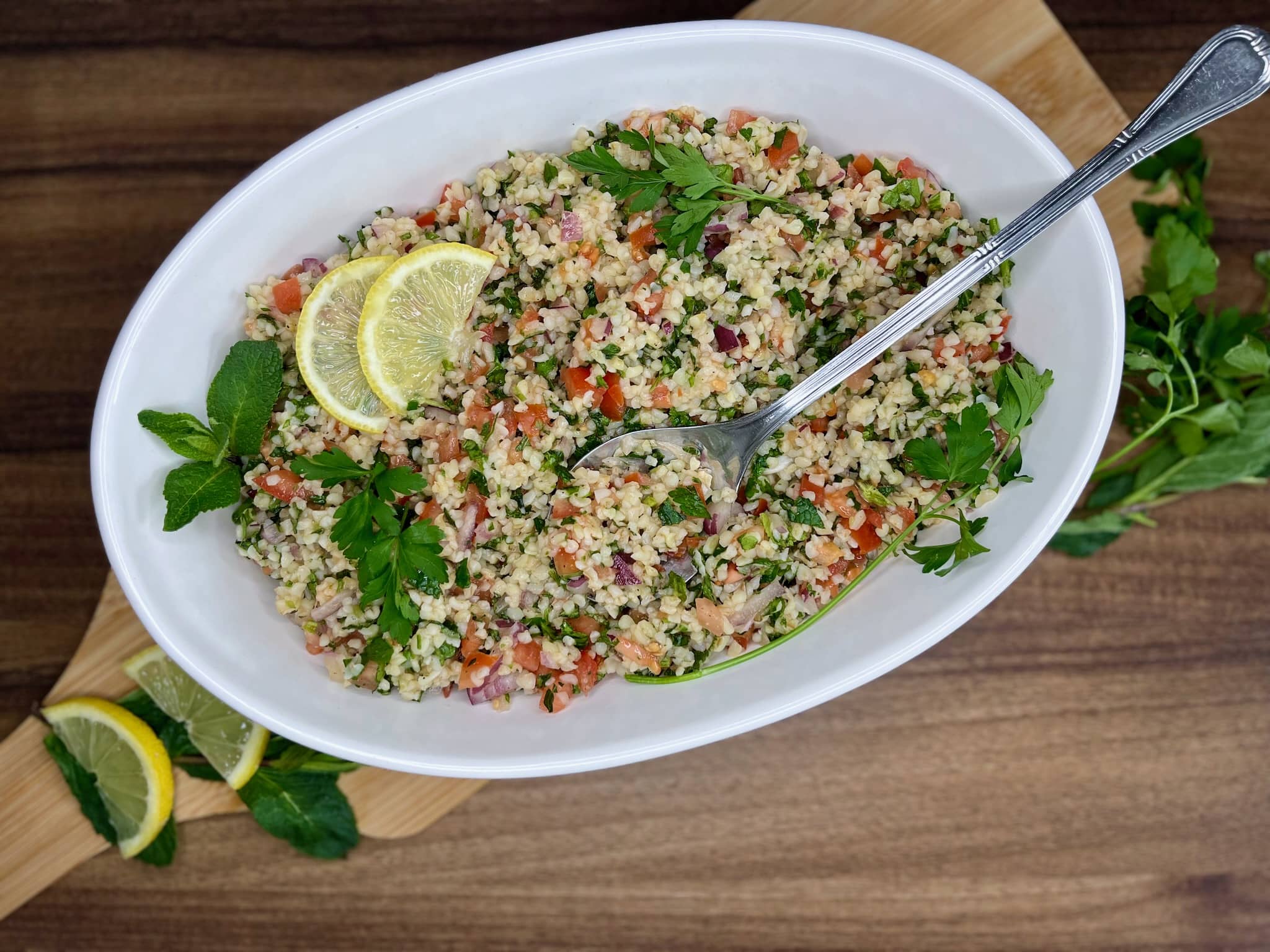 All ingredients mixed creating delicious Tabbouleh