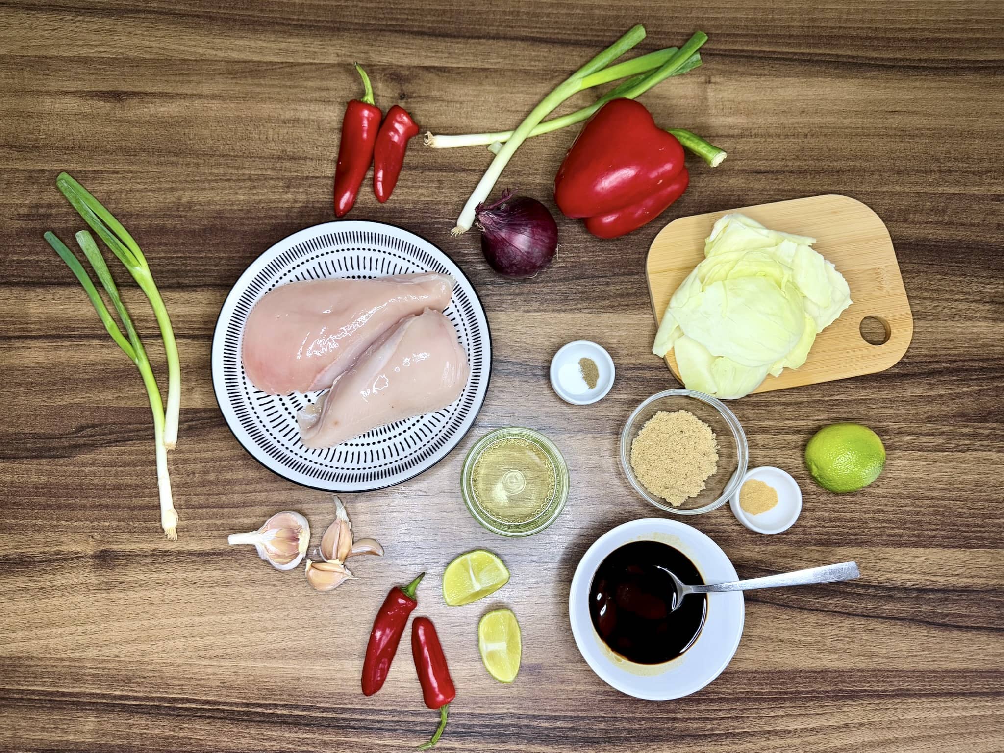 All ingredients on tabletop ready to make Thai Style Chicken