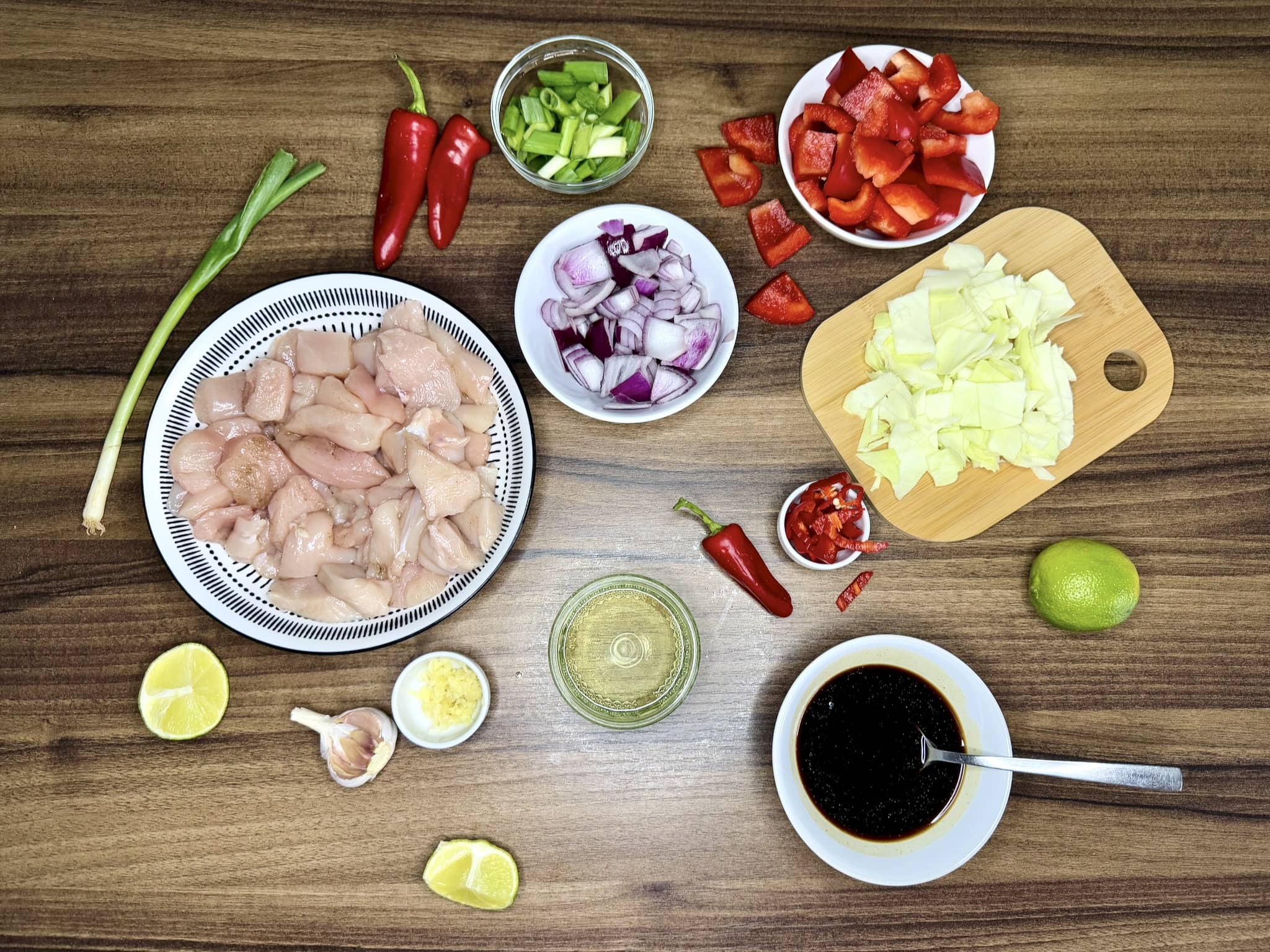 All ingredients prepped on tabletop, ready to make Thai Style Chicken