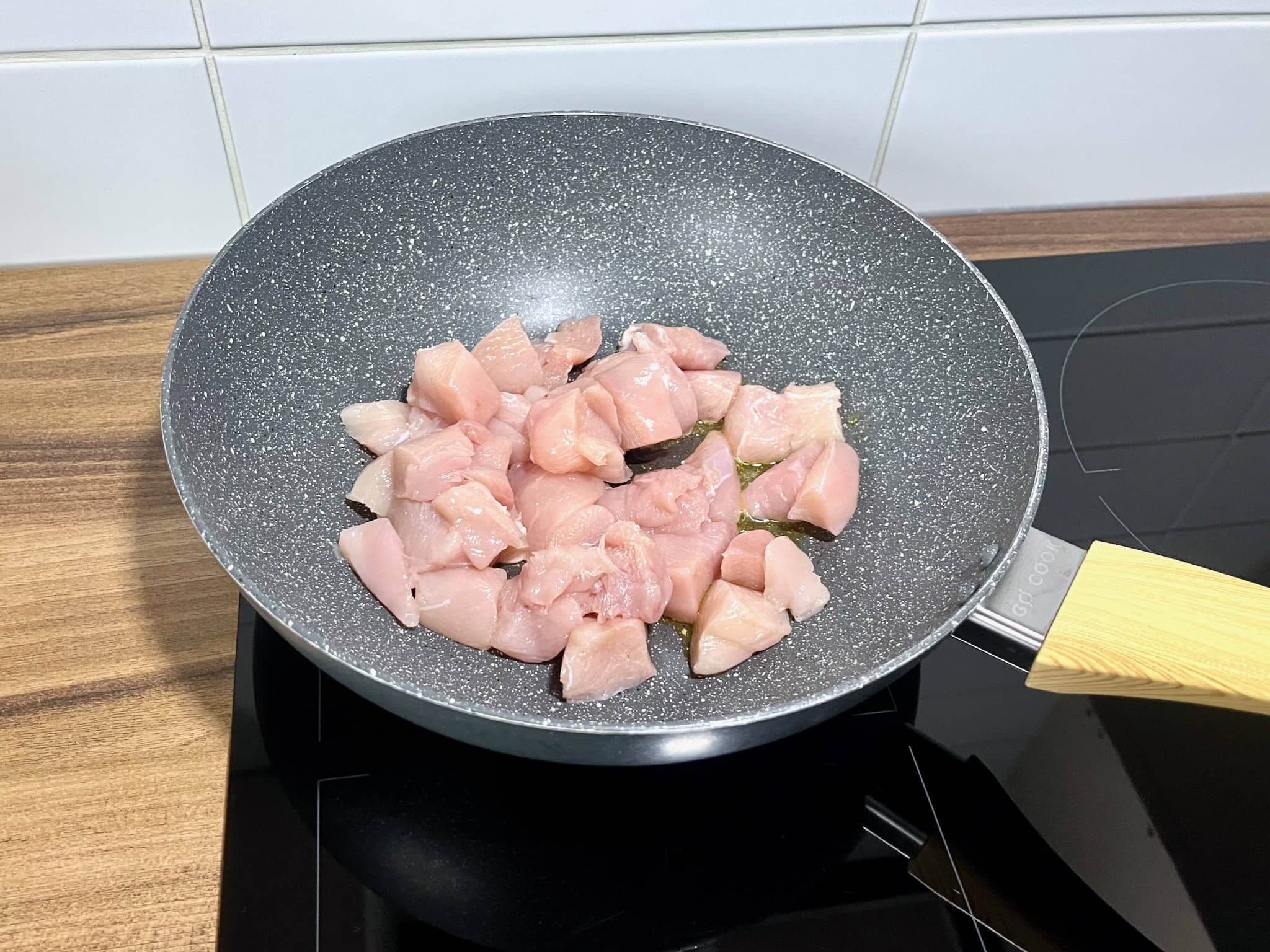 Fry the chicken breasts in a pan