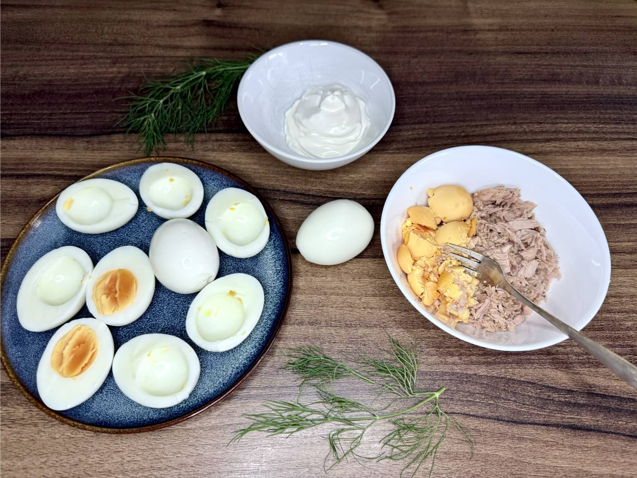 All ingredients for Tuna Devilled Eggs