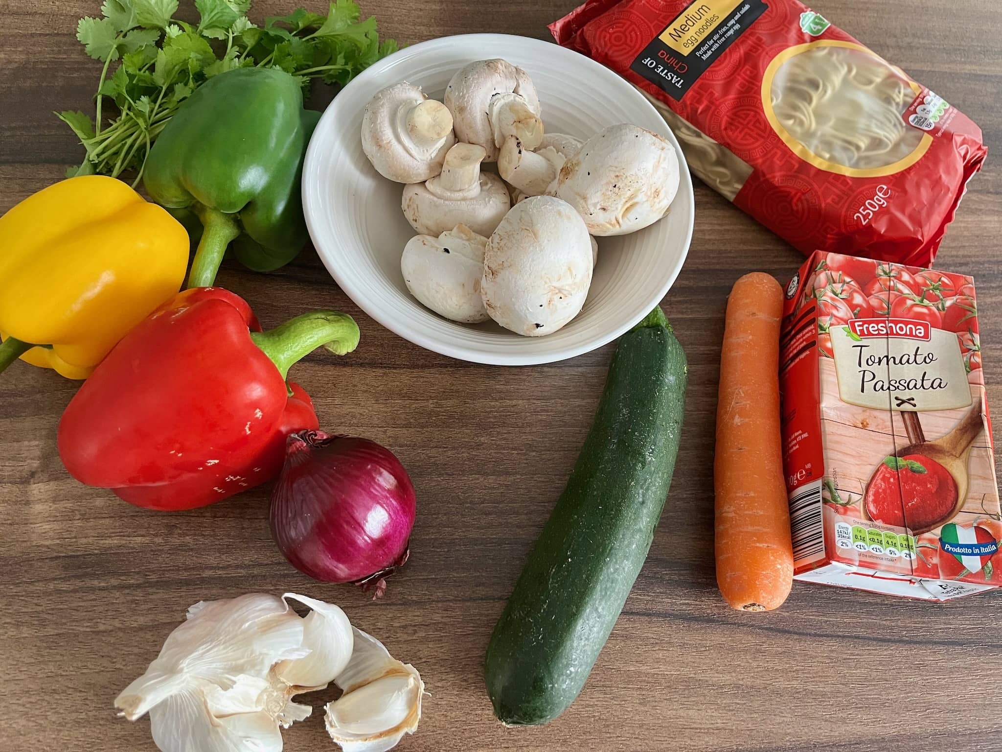 Ingredients on the tabletop ready to make Vegetable Stew with Noodles