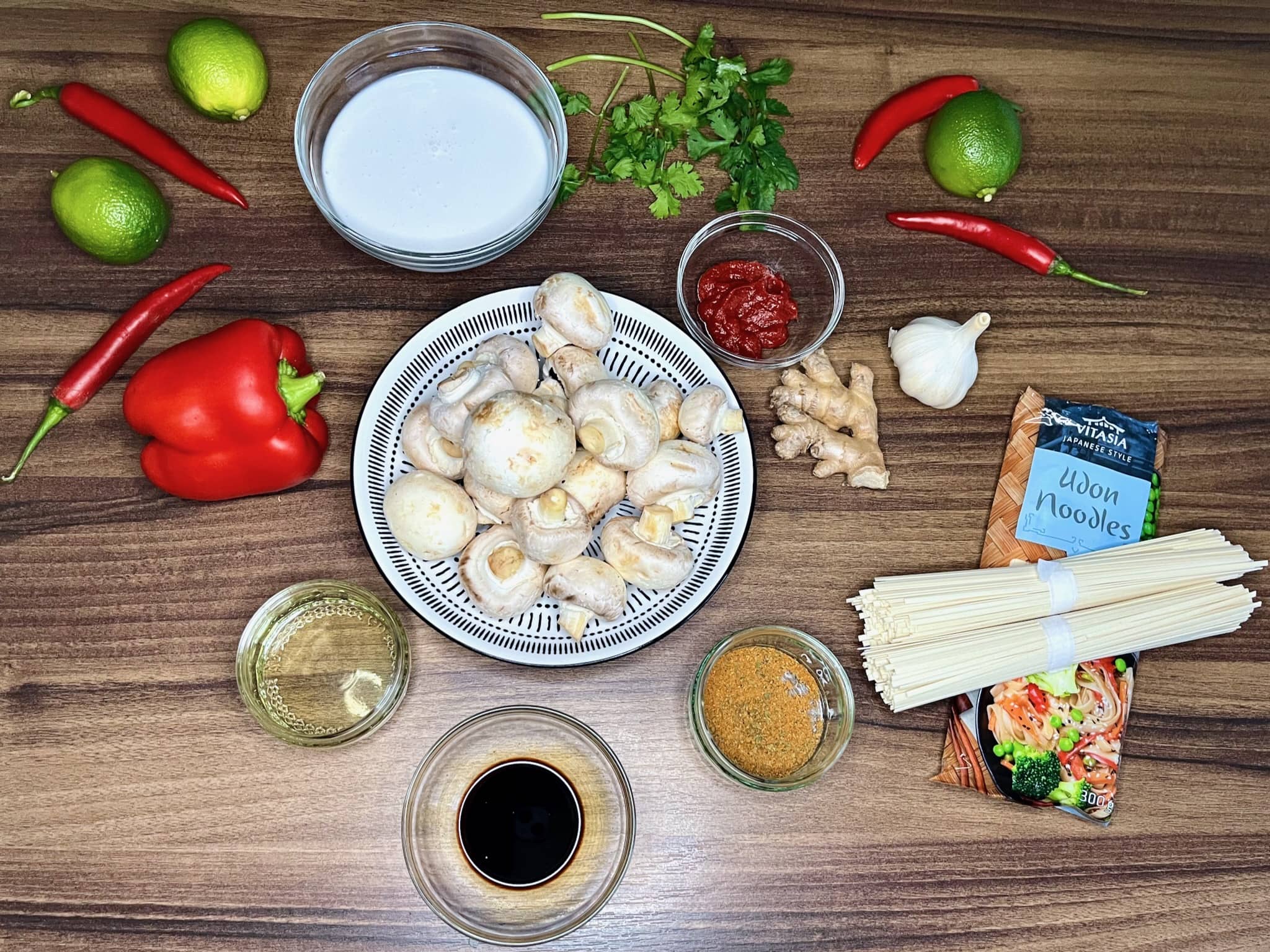 All the ingredients are on the table, ready to make Veggie Thai Curry with Udon Noodles