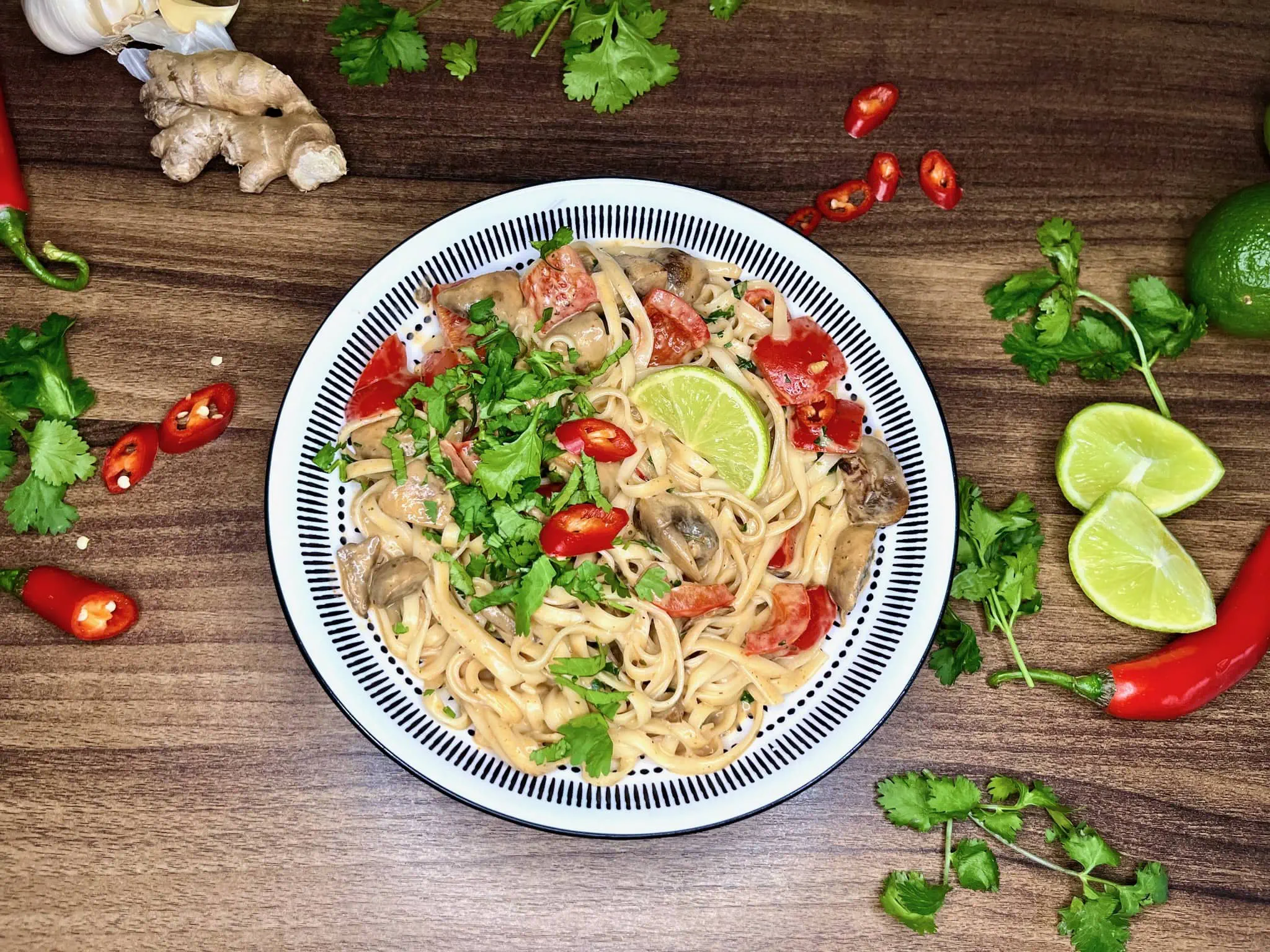 A generous portion of Veggie Thai Curry, artfully arranged in a bowl